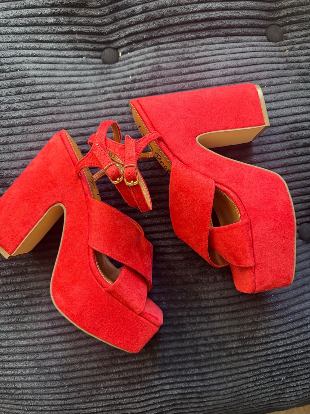 Red Suede Platform Block Heel Sandals with Double Ankle Straps